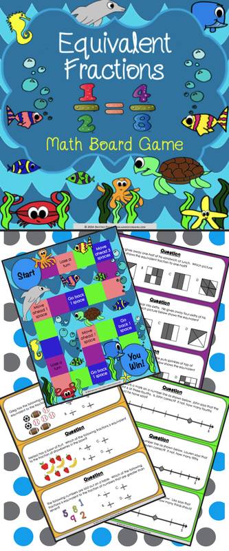 Equivalent Fractions Game for 3rd grade contains 36 WORD PROBLEM game cards and a game board to help students practice recognizing and generating equivalent fractions (3.NF.A.3, 3.NF.A.3.A, 3.NF.A.3.B, 3.NF.A.3.C). This game works great as a pair/group activity, or for use in math centers.