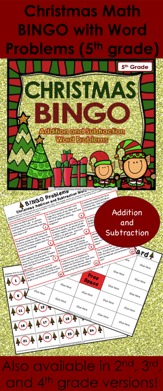Christmas Math Bingo Game for 5th grade makes practicing decimal addition and subtraction WORD PROBLEMS fun for the whole class! Included are 24 decimal addition and subtraction word problems for your students to practice Common Core standard 5.NBT.B.7.