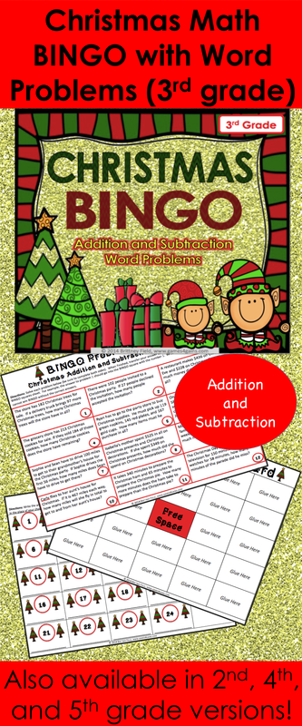 Christmas Math Bingo Game for 3rd grade makes practicing addition and subtraction WORD PROBLEMS fun for the whole class! Included are 24 addition and subtraction word problems for your students to practice Common Core standard 3.NBT.A.2.