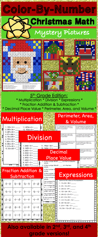 Christmas Math Activity (Color by Number) for 5th grade makes practicing multiplication, division, decimal place value, fraction addition, fraction subtraction, perimeter, area, volume, and evaluating expressions fun! Included are 6 different Christmas color by number math activities. Each activity addresses a different 5th grade math skill.
