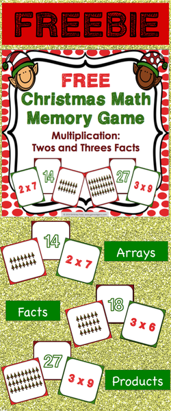 Christmas Math Game: Multiplication Memory (FREE) makes practicing twos and threes multiplication facts fun! Included are 45 memory cards for students to match the multiplication array, multiplication fact, and product. This is a perfect activity for small groups and centers during the Christmas season!