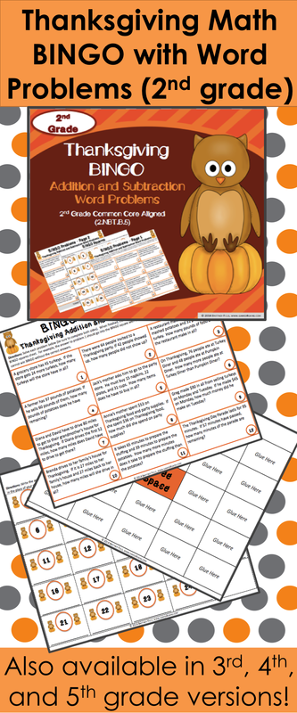Thanksgiving Math Bingo for 2nd grade makes practicing math WORD PROBLEMS fun for the whole class! Included are 24 addition and subtraction word problems for your students to practice Common Core standard 2.NBT.B.5.