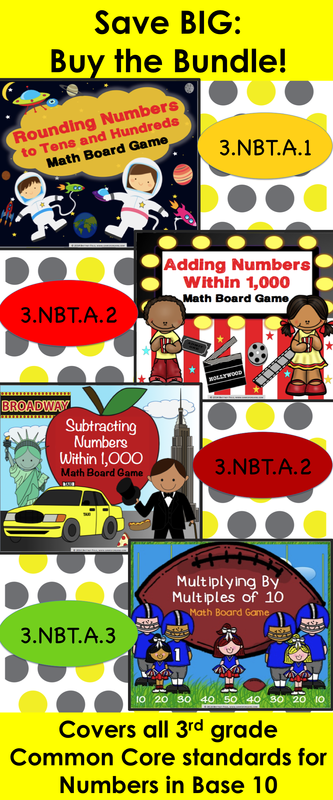 Common Core games bundle gives you four WORD PROBLEM math board games to practice rounding, addition, subtraction and multiplication. This bundle covers all 3rd grade  Common Core Numbers in Base 10 standards (3.NBT.A.1, 3.NBT.A.2, and 3.NBT.A.3)!
