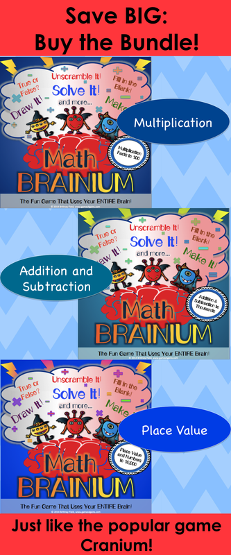 Math Games: This math games version of the popular game CRANIUM gets kids using their entire brain while practicing place value, addition, subtraction, and multiplication. This bundle set contains all three of my popular Brainium board games for 20% off the individual product prices.