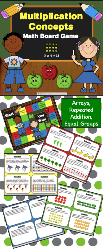 Multiplication Game contains 32 WORD PROBLEM game cards and a game board to help students practice solving and interpreting multiplication problems using equal groups, repeated addition, and arrays (3.OA.A.1 and 3.OA.A.3). This game works great as a pair/group activity, or for use in math centers. 