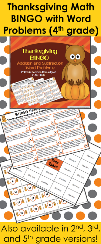 Thanksgiving Math Bingo for 4th grade makes practicing math WORD PROBLEMS fun for the whole class! Included are 24 addition and subtraction word problems for your students to practice Common Core standard 4.NBT.B.4.