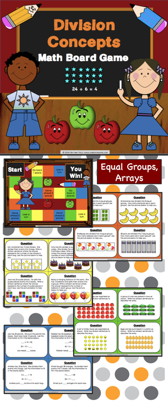 Division Game contains 32 WORD PROBLEM game cards and a game board to help students practice interpreting and solving basic division problems (3.OA.A.2, 3.OA.A.3, 3.OA.A.4, and 3.OA.B.6). This game works great as a pair/group activity, or for use in math centers. 