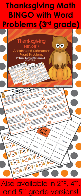 Thanksgiving Math Bingo for 3rd grade makes practicing math WORD PROBLEMS fun for the whole class! Included are 24 addition and subtraction word problems for your students to practice Common Core standard 3.NBT.A.2.