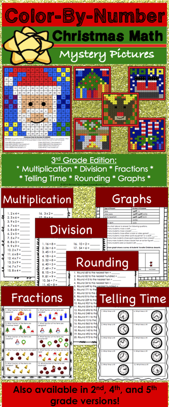 Christmas Math Activity (Color by Number) for 3rd grade makes practicing multiplication, division, rounding, fractions, telling time, and graphs fun! Included are 6 different Christmas color by number math activities. Each activity addresses a different 3rd grade math skill.
