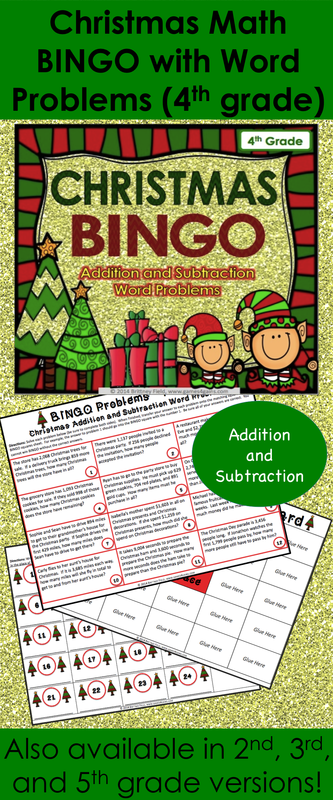 Christmas Math Bingo Game for 4th grade makes practicing addition and subtraction WORD PROBLEMS fun for the whole class! Included are 24 addition and subtraction word problems for your students to practice Common Core standard 4.NBT.B.4.