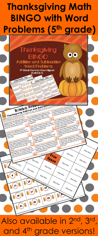 Thanksgiving Math Bingo for 5th grade makes practicing math WORD PROBLEMS fun for the whole class! Included are 24 decimal addition and subtraction word problems for your students to practice Common Core standard 5.NBT.B.7.