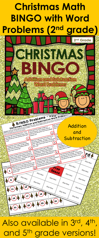 Christmas Math Bingo Game for 2nd grade makes practicing addition and subtraction WORD PROBLEMS fun for the whole class! Included are 24 addition and subtraction word problems for your students to practice Common Core standard 2.NBT.B.5.