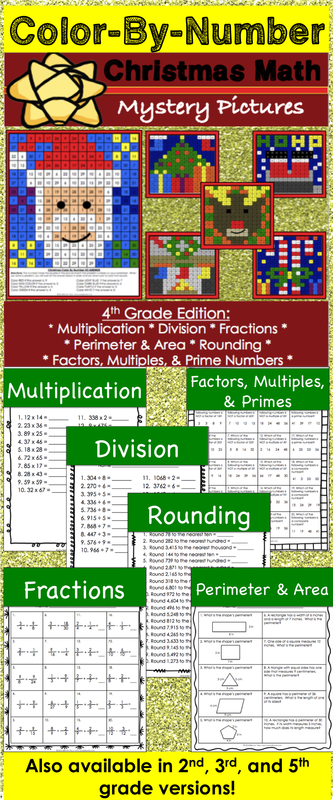 Christmas Math Activity (Color by Number) for 4th grade makes practicing multiplication, division, rounding, fractions, perimeter, area, factors, multiples, and prime numbers fun! Included are 6 different Christmas color by number math activities. Each activity addresses a different 4th grade math skill.