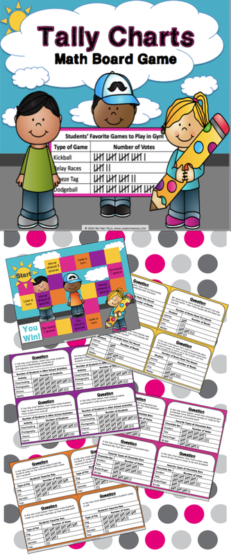 Tally Charts Game contains 30 tally charts game cards and a game board to help students practice solving problems using data presented in different tally charts (3.MD.B.3). This game works great as a pair/group activity, or for use in math centers.